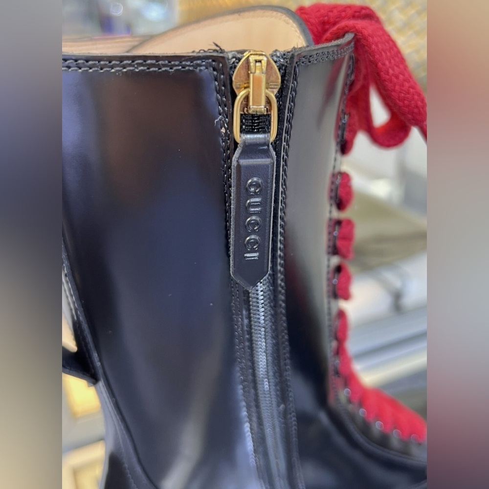 New GUCCI Black Leather Sylvie Web Stripe Lace Up Combat Boots Size 36.5 - Picture 2 of 13